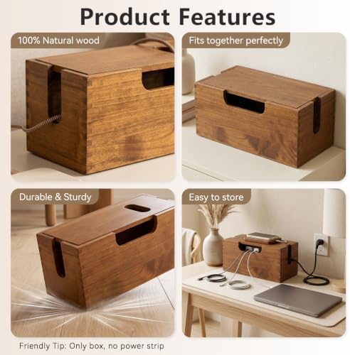 2 Pack Acacia Wood Cable Management Box with Magnetic Lid, Large Cord Management Box for Power Strip, Desk/Floor/TV Wire Storage, Cord Hider Box Under Desk Storage for Home Office
