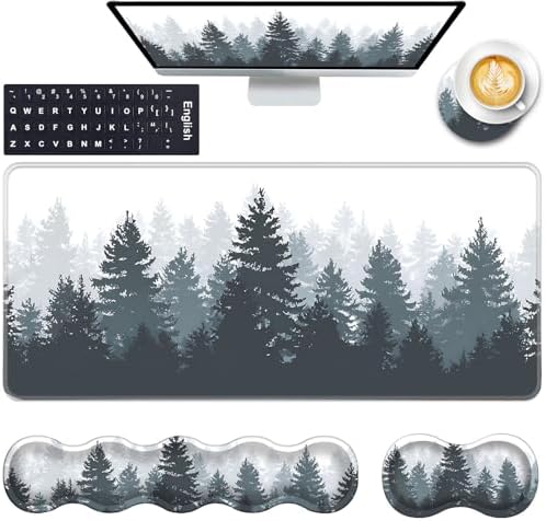 Keyboard Wrist Rest and Mouse Pad with Wrist Support Set Ergonomic Coaster,Memory Foam,Easy Typing Pain Relief,Large XL Desk Mat 31.5"x 11.8",Misty Forest Tree