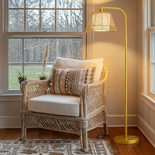 Oneach Arc Floor Lamp for Living Room with 3 Color Temperatures, Farmhouse Floor Lamps with Remote & Dimmable Bulb, Rattan Boho Floor Lamp with Hand-Woven Wicker & Fabric Shade