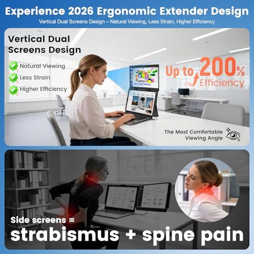 SMISEACOW Laptop Screen Extender 14" for 13-17.3'' Laptops, Portable Dual Monitor for Laptop, Ultra-Slim Clamp-On Vertical Dual IPS 1080P Screen Monitor Extender, USB-C HDMI for Office Travel