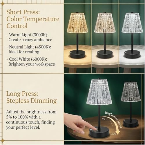 Black Cordless Table Lamp Rechargeable,Small Battery Powered Lamp 5000mAh,Mini Wireless Table Lamp for Restaurant Dining Tabletop/Kitchen Counter Top/Bathroom Shower/No Cord Touch Lamp Decorative