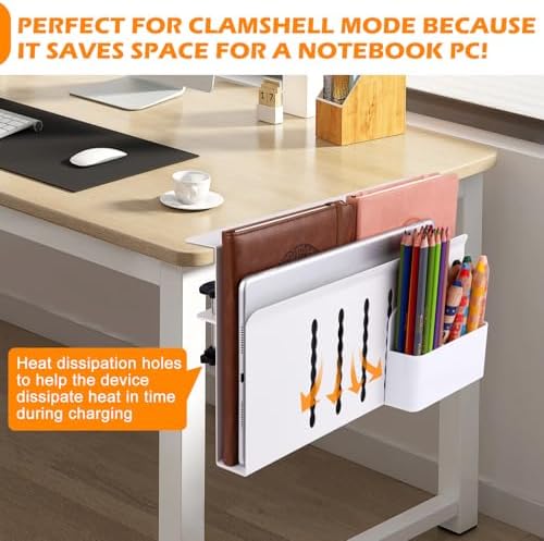 Desk Side Storage, Under Desk Laptop Mount, Table Side Hanging File Organizer, No Drill Clamp On Cable Management Tray, Laptop Holder with Magnetic Pen Holder for Office and Home