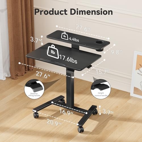 28" Mobile Standing Desk, Tiltable Top with 2-Tier Shelves, Black