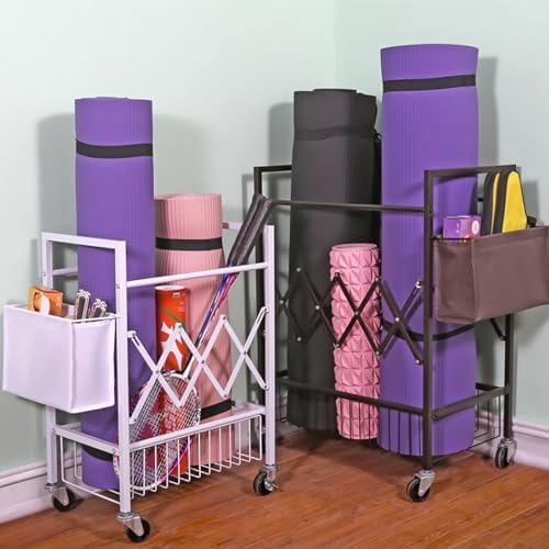 Home Gym Studio Organizer Cart, Movable Yoga Mat Storage Rack for Foam Roller/Badminton/Table Tennis Racket, with Hanging Storage Basket, Floor Standing，Rust Color S