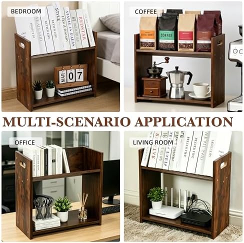 Desktop Bookshelf, 2 Tier Desk Shelf Organizer, Wood Office Tabletop Bookcase, Small Tabletop Book Rack, Portable Mini Bookcase for Book Display, Office, Home, Bedroom, Storage and Display