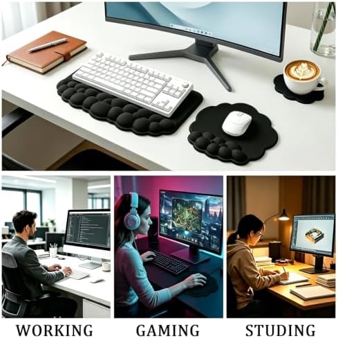 Cloud Keyboard Wrist Rest Set, 3 in 1 Ergonomic Memory Foam Keyboard Stand Pad with Mouse Wrist Support & Cup Holder, Anti-Slip Desk Cushion for Office Gaming Typing Pain Relief,Black