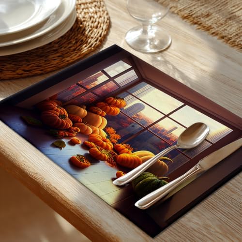 Shrahala Happy Thanksgiving Day Set of 6 12 X 18 Inch Linen Placemats, Pumpkins Floor-to-Ceiling Windows Harvest Burlap Table Mat Washable Double Layered Heat Insulation for Indoor