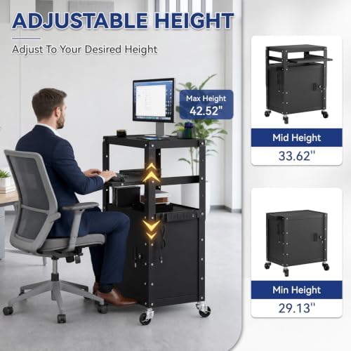 Mobile AV Cart with Cabinet Adjustable Height Computer Cart Rolling Media Utility Cart Heavy Duty with 4 Outlets & Pullout Keyboard Tray Mobile Computer Workstation with Lock Brake Wheels