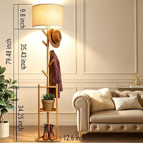 Coat Rack Standing Lamp Floor Lamp with Shelves, Modern Tall Lamp with 5 Hooks Clothes Rack, 3 Color Dimmable Floor Lamps for Bedroom, Living Room, Entryway, Corner