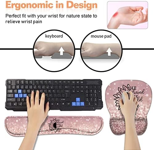 Mouse Pad Wrist Support and Keyboard Wrist Rest Set with Coasters, She Believed She Could So She Did Inspirational Quote with Non-Slip PU Base Ergonomic Mousepad for Home Office Working Studying