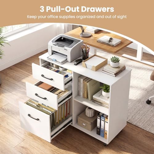 Giantex 3-Drawer Mobile File Cabinet, Rolling Printer Stand with Open Storage Shelves, Under Desk Lateral Filing Cabinet for Letter/A4 Size, Wooden Office Organizer with Wheels for Home Office (White)
