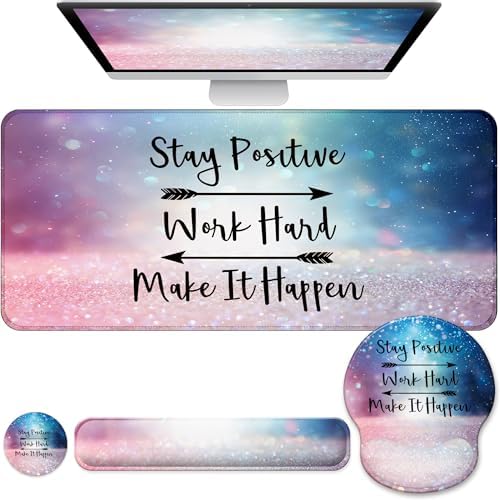 Desk Mat Set + Keyboard and Mouse Pad with Wrist Rest Support,4-in-1 Large Mousepad Computer Mats for Desktop Home & Office-Glitter Pink Blue