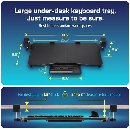 Keyboard Tray | Under Desk Keyboard Tray Slide Out w/Adjustable C-Clamps for Desks Up to 1.5-Inch-Thick | Clamp On Drawer with 1x USB-C to 4 USB-A Hub and 1x Five-Cable Management Organizer