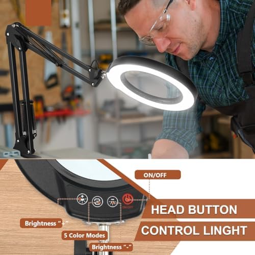 LANCOSC 15X Magnifying Glass with Light and Stand, Real Glass Lens, 5 Color Modes Dimmable, 3-in-1 Adjustable Swing Floor Lamp, LED Lighted Hands Free Magnifier & Clamp for Reading, Crafts, Painting