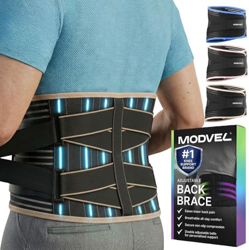 Modvel Back Brace for Lower Back Pain Women and Men – Lumbar Support Belt for Sciatica, Herniated Disc, Muscle Strain – Adjustable Breathable Work Brace with 6 Stays – Support for Posture