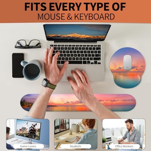 eulps Mouse Pad Wrist Support, Ergonomic Memory Foam Keyboard Wrist Pad & Gel Wrist Rest Set for Computer Keyboard for Easy Typing & Pain Relief for Office & Home (Oceanic Sunset Set)