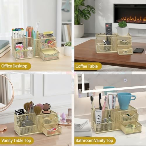 Mesh Desk Organizer with 2 Drawers, Metal Pen Holder for Desk, Gold
