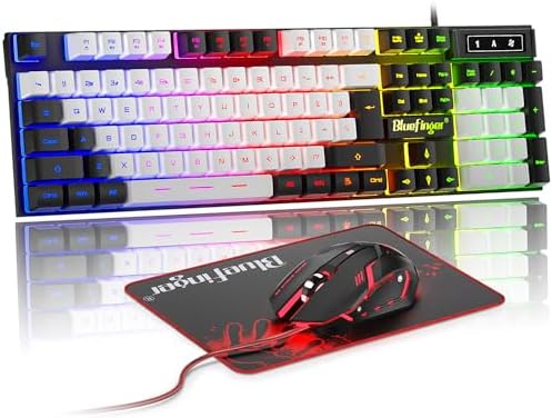 BlueFinger RGB Gaming Keyboard and Backlit Mouse Combo, USB Wired, LED Gaming Set for Laptop PC Computer Game and Work (Black & White)