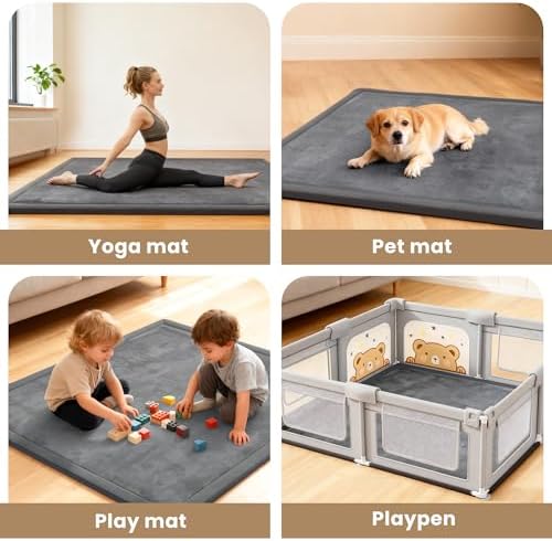 ACOMOPACK Baby Play Mat for Floor,1.3" Thick Elasti-Foam 59"×71" Non-Slip Water Repellent,Non-Toxic Playpen Mat for Infants Toddlers Kids, Ultra Soft Coral Velvet for Tummy Time Crawling（Dark Grey）