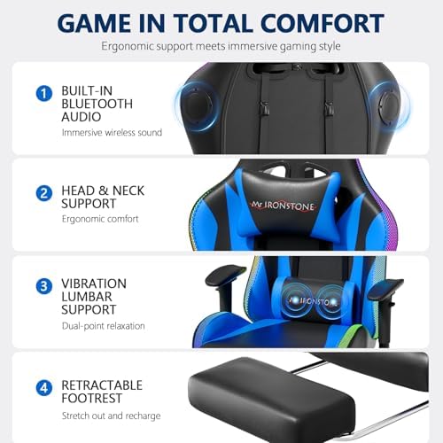 Mr IRONSTONE RGB Gaming Chair with Bluetooth Speakers, Ergonomic Gamer Chair with LED Lights, Vibration Lumbar Support, Footrest and High Back Reclining Design for Adults, Blue