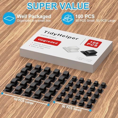 TidyHelper 100 PCS Adhesive Cable Clips Black, Small & Large