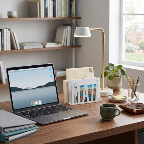 MyGift White Metal Mail Holder, Desktop Organizer with MAIL Design