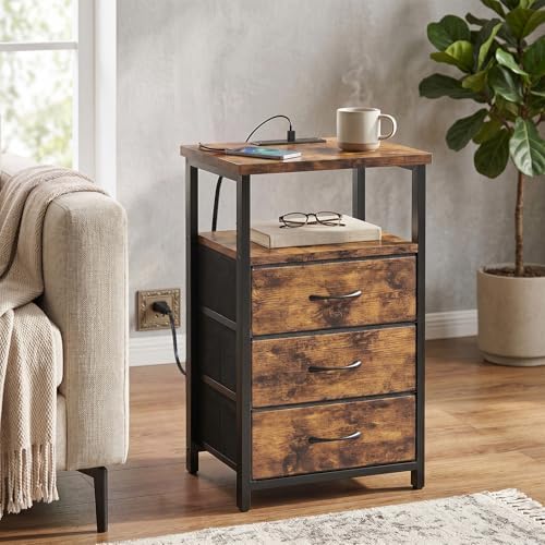Fixwal Night Stand with Charging Station, 3 Fabric Drawers, Rustic Brown