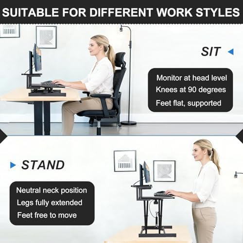 37 Inch Standing Desk Converter, 10.23-24.8 inches Adjustable Height Standing Desk Riser, Sit to Stand Up Duals Monitor Riser Workstation, for Home Office Laptop - Black