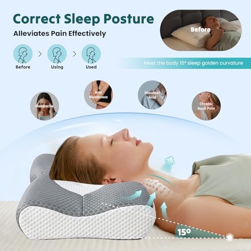 OLIXIS Cervical Pillow, Ergonomic Contour Memory Foam Neck Pillow with Cooling Breathable Cover for Side, Back and Stomach Sleepers, Grey