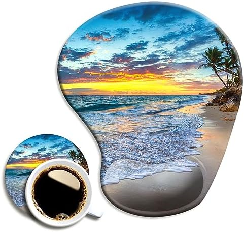 DOOKE Ergonomic Mouse Pad with Wrist Support and Coaster,Mouse Pads with Non-Slip PU Base for Home Office Working Studying Easy Typing & Pain Relief Natural Beach