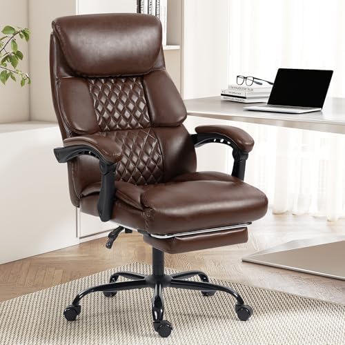 Office Chair, Executive High Back Leather Home Office Desk Chair with Footrest & Lumbar Support - Ergonomic Reclining Comfortable Wide Swivel Rolling Gaming Computer Chair 90-135° Adjustable Tilt Lock