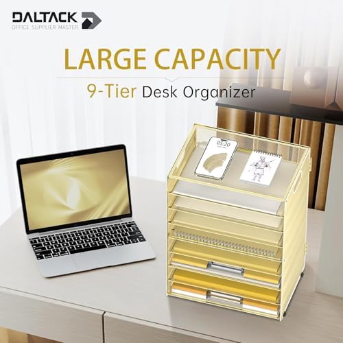 9-Tier Paper Organizer for Desk, Metal Mesh Letter Tray with Handles, Gold