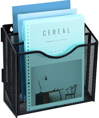 Metal Desktop File Organizer with 3 Vertical Compartments Wall Mounted Mail Paper Document Folder Holder Magazine Storage Rack for Home Office Classroom,Black