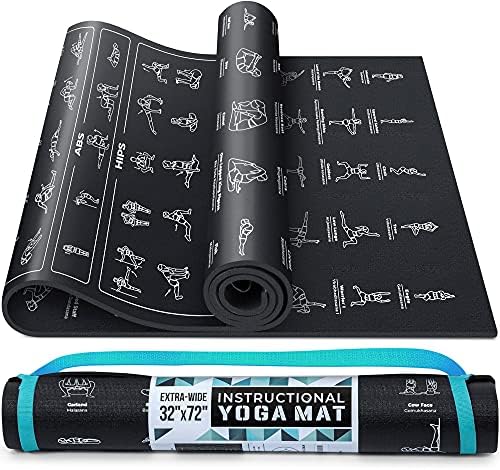Instructional Yoga Mat with Carrying Strap: Cute Yoga Mat with 75 Illustrated Yoga Poses + 75 Easily-Followed Stretching Exercises - 1/4” Thick, Non-Toxic, Non-Slip Yoga Mats for Women and Men