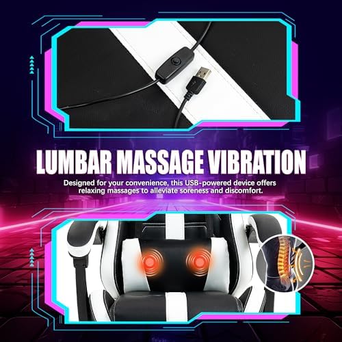 Massage Gaming Chair with Footrest & Lumbar Support, White