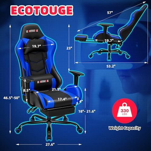 ECOTOUGE Blue Ergonomic PC Massage Gaming Chair with Footrest