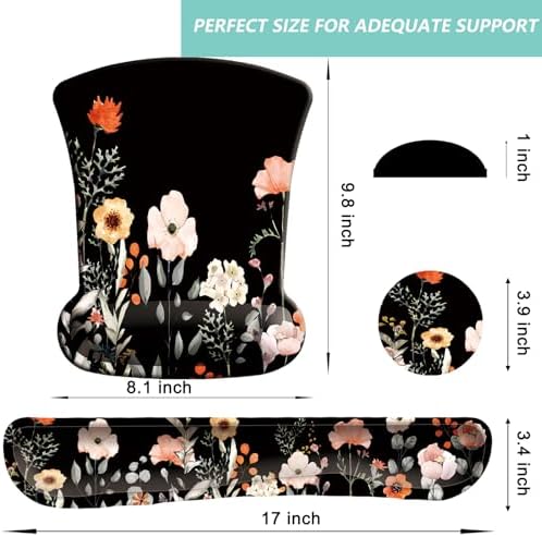 Keyboard Wrist Rest Pad Mouse Pad with Wrist Support Set of 3, Gaming Mousepad with Non-Slip Rubber Base, Ergonomic Memory Foam Mouse Cushion Support for Home Office Laptop Computer, Flower Black