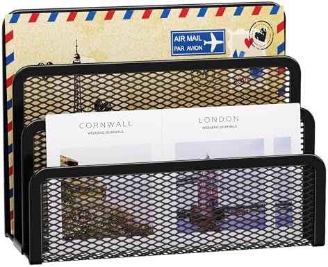 Marbrasse Mail Organizer for Desk, 3-Slot Mesh Metal Mail Holder countertop, Letter Holder, Office Desktop Envelope and Document Storage Rack (Black)