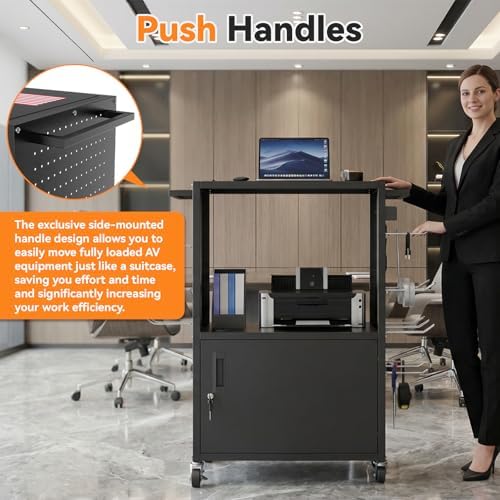 Mobile AV Cart, Heavy Duty Rolling Computer Cart with Push Handle & Hooks – Locking Cabinet, Pegboard, 4 Outlets, Lock Brake Casters – Media Utility Cart on Wheels for Office/Classroom