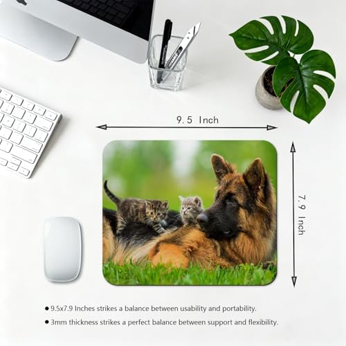 9.5x7.9 Inch Office/Gaming Mouse Pad, German Shepherd and Kittens Lovely Pet Friends, Cute Anti-Slip Mat for Desk Decor