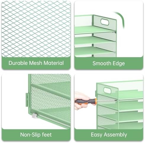 7 Tier Paper Organizer for Desk with Letter Trays & Handle Mint Green