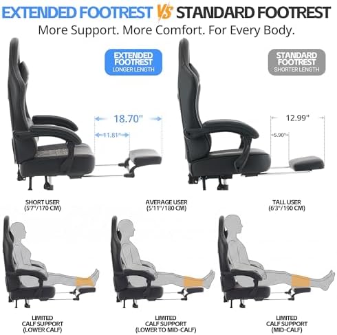 Gaming Chair Breathable Leather with Pocket Spring Cushion, Wide and High Ergonomic Office Chair with Headrest, Computer Gaming Chair with Footrest for Adult and Teen (Black)