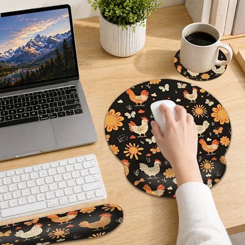 Rooster Hen Wrist Rest Support for Mouse Pad Keyboard Set, Butterfly Flower Mouse Pad with Non Slip Rubber Base for Home and Office Typing Support