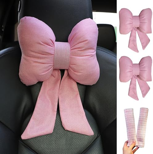 Car Seat Neck Pillow Elegant Bow Car Headrest Pillow Set - Cotton Linen Neck Cushion Universal Fit for Women Comes with 2 Seat Belt Covers (Pink Set 4Pcs)
