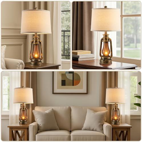 25" Set of 2 Rustic Lantern Table Lamps for Living Room Bedroom, 2 USB Ports Farmhouse Vintage Bedside Desk Lamp Nightlight for Entryway Office End Table, 4 Bulbs Included