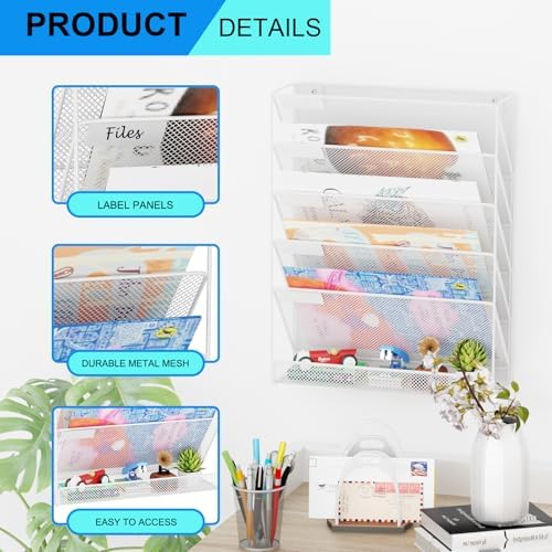 Wall File Organizer Holder Mesh Hanging Paper Document Holder,Vertical 6 Pocket Tier for Office Home, White