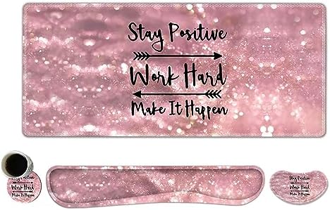 ToLuLu Extended Gaming Mouse Pad, Memory Foam Ergonomic Keyboard Mouse Wrist Rest Support Set, Large Desk Mat with Stitched Edges, Non-Slip Base Mousepad for Home Office Game, Pink Stay Positive