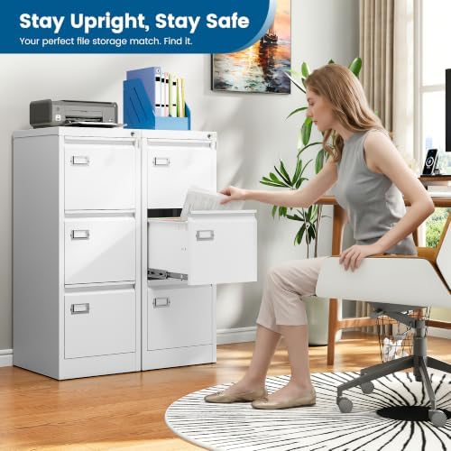 PEUKC 3-Drawer File Cabinet with Lock, 16.3" Deep Vertical Filing Cabinets, Metal File Cabinets for Home Office, Anti-Tip 3 Storage Drawers for Letter/Legal/A4/F4 Size (Assemble Required, White)