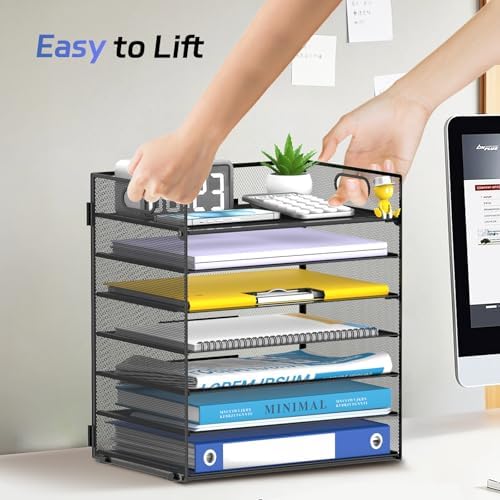 7 Tier Paper Organizer for Desk with Letter Trays & Handle Black