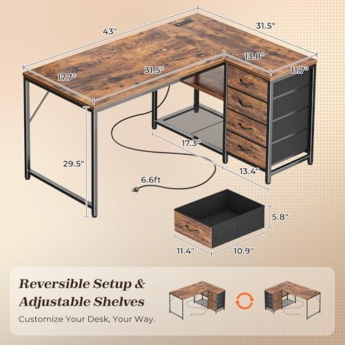 PRAISUN 43.3" Small L Shaped Desk with Power Outlets & 4 Drawers